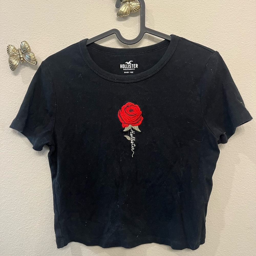 Hollister Black Crop Top with Red Rose Embroidery